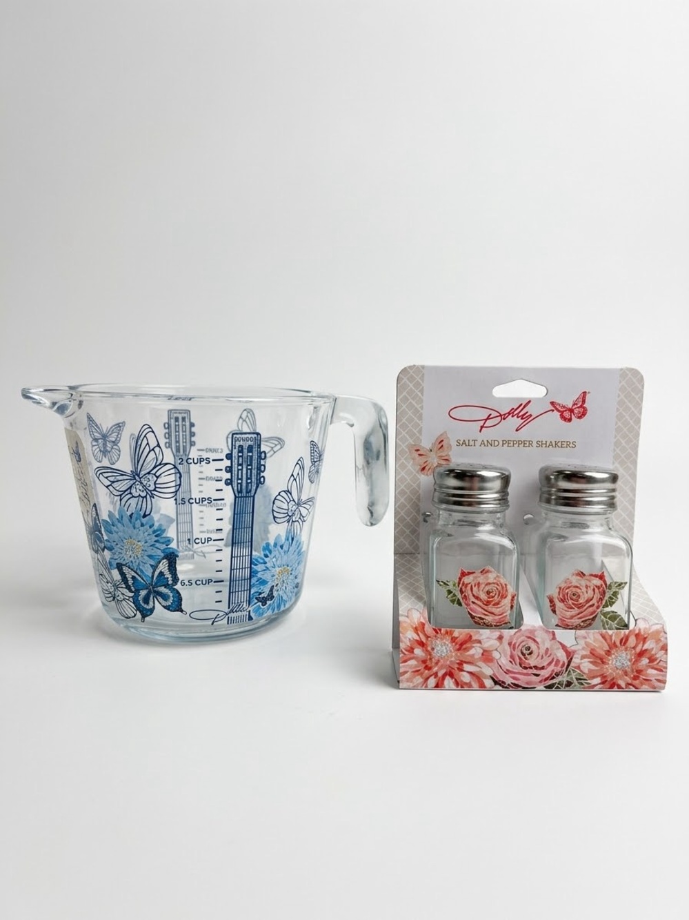 Dolly Parton Floral Glass Measuring Cup & Salt and Pepper Shaker Set NWT